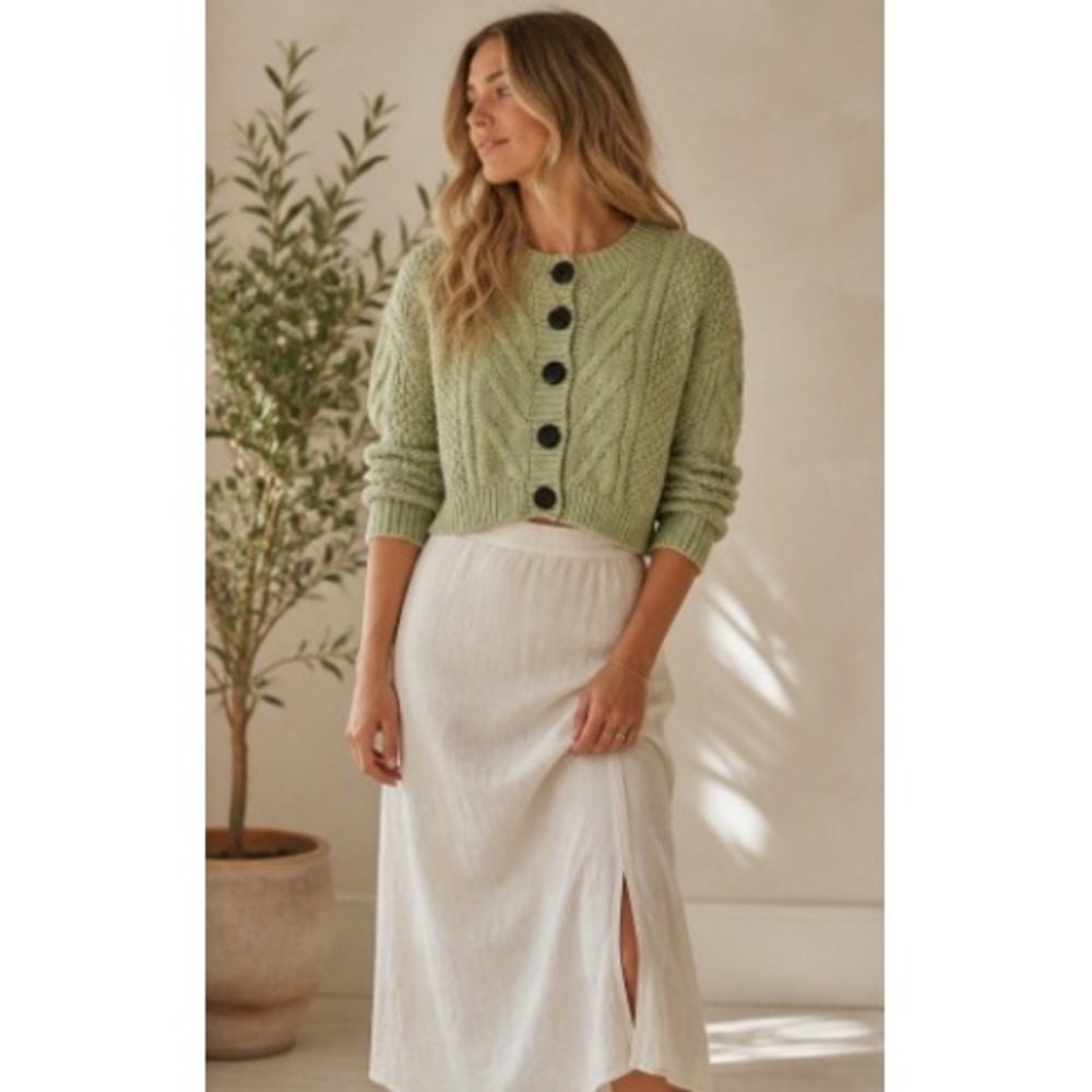 Bohme Green Cable Knit Cropped Cardigan Oversized Cotton Sweater XS